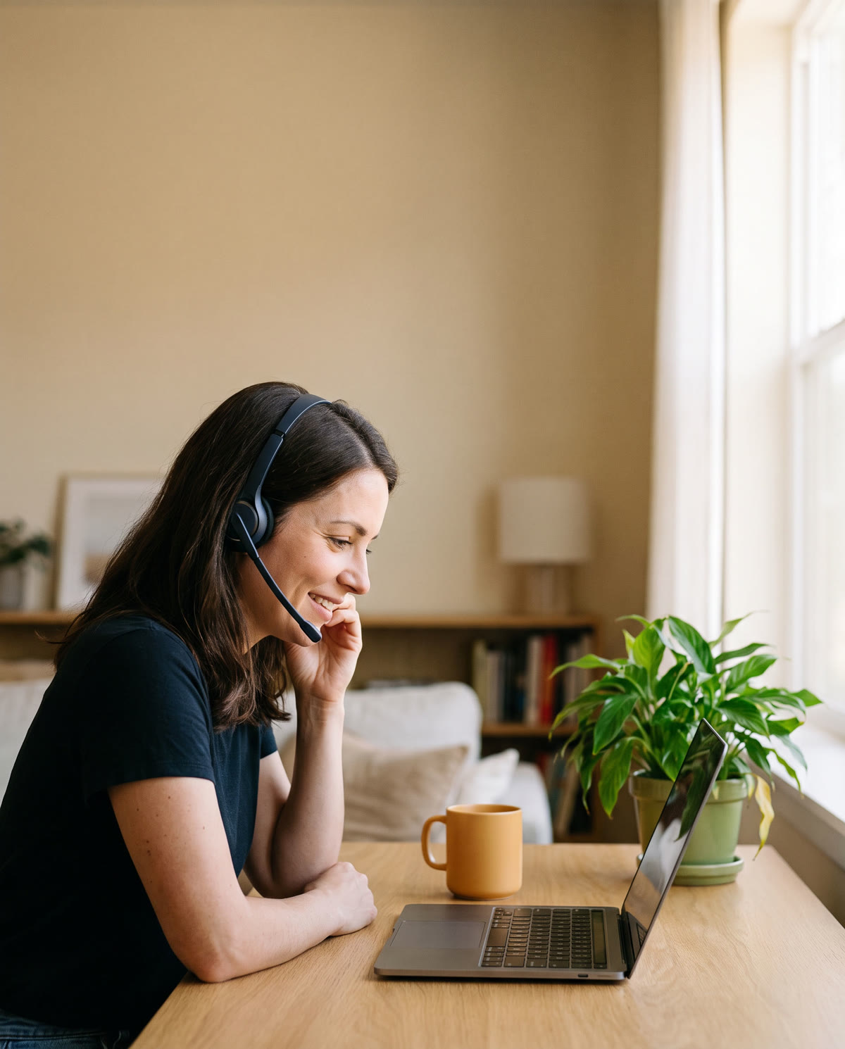 Écoutante SOS Dépression avec un casque, disponible par téléphone devant son ordinateur